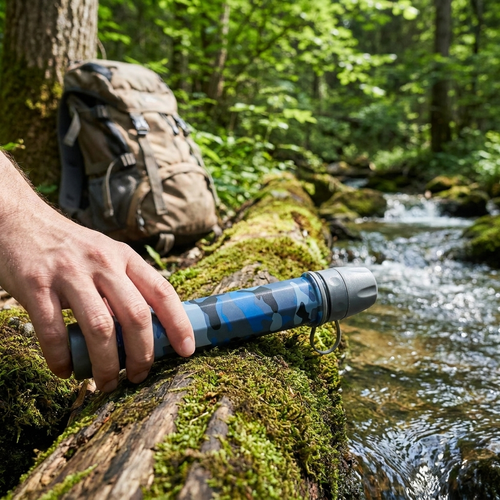 Outdoor water filter drinking straw by a stream - lifestyle